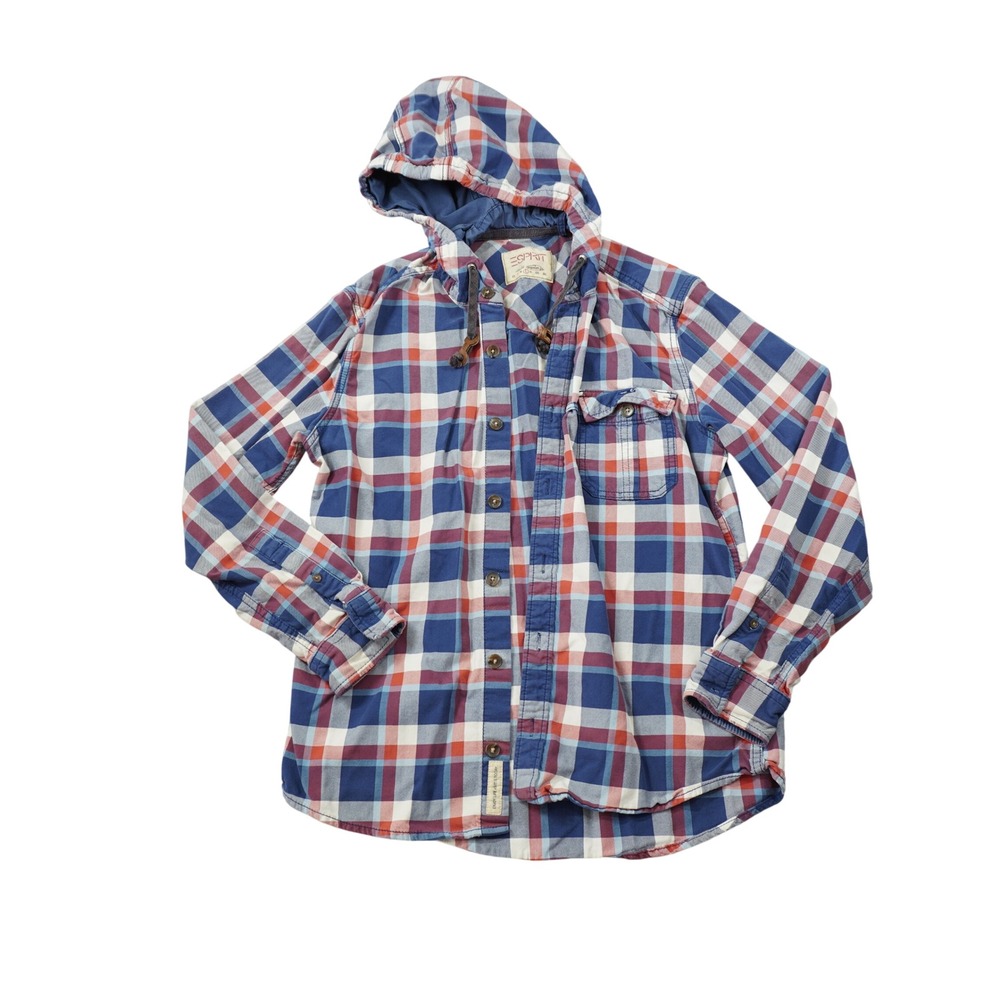 Vintage Men's Espirit Blue Red Plaid Hooded Flannel Button Up Shirt Regular Fit